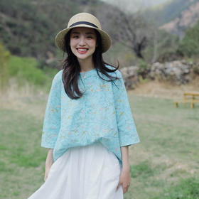 绽放D359朵/清浅/印花棉麻七分袖衬衫