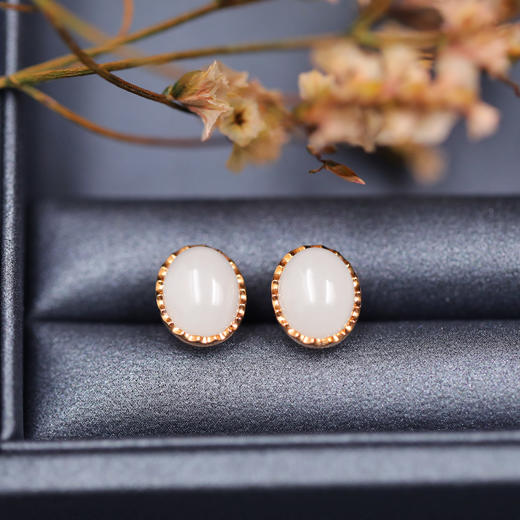 18K玫瑰金和田玉（白玉）蛋面耳钉 8*10mm 商品图1