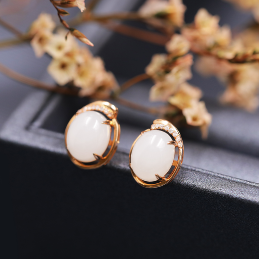 简约18k玫瑰金和田玉白玉蛋面小耳钉花之物语810mm