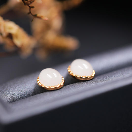 18K玫瑰金和田玉（白玉）蛋面耳钉 8*10mm 商品图2