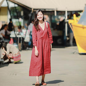 绽放D437朵//V领条纹连衣裙