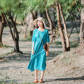 绽放D427朵//抽褶短袖宽松连衣裙