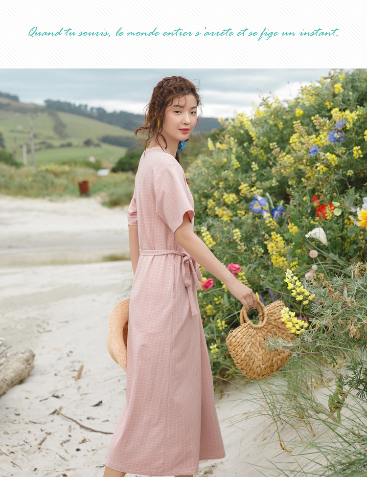 茵曼裙子女2019夏季新款文艺清新甜美格纹休闲a字连衣裙中长款