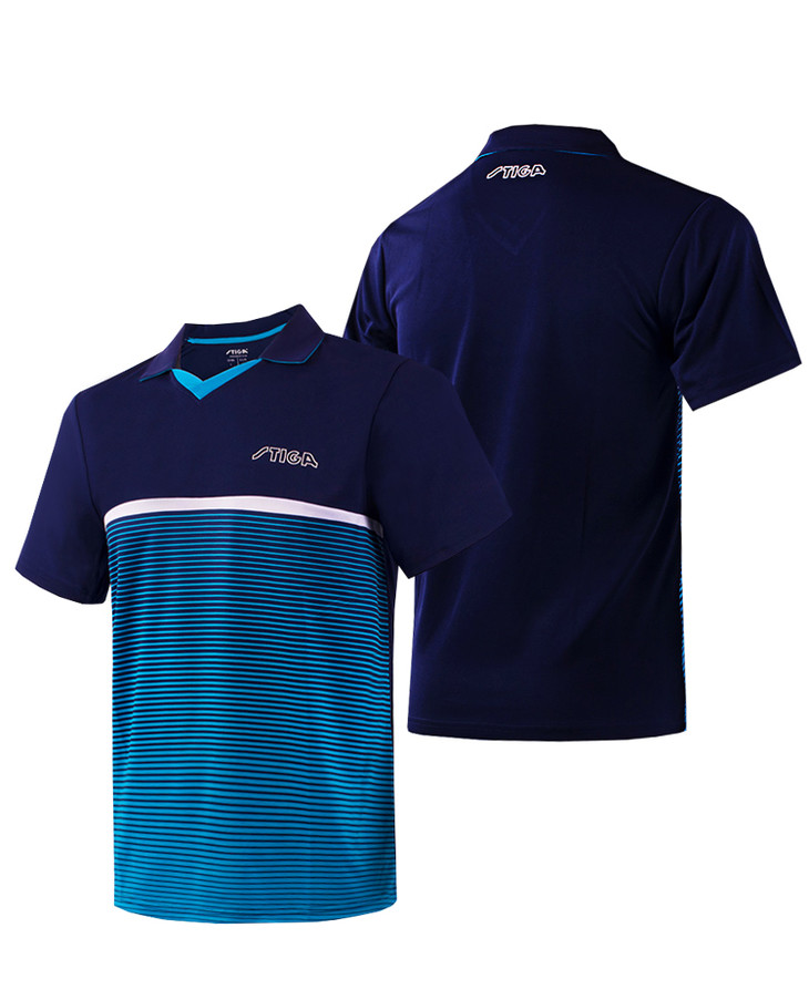 stiga斯帝卡 ca435系列 条纹拼接 v领 翻领 乒乓球服 短袖t恤 国球汇