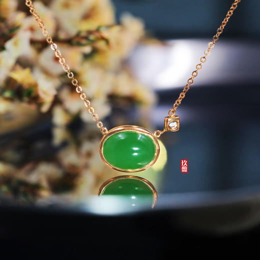 18K玫瑰金和田玉（碧玉）镶钻项链—星辰  苹果绿/10*8mm/链长40+2cm 商品图0