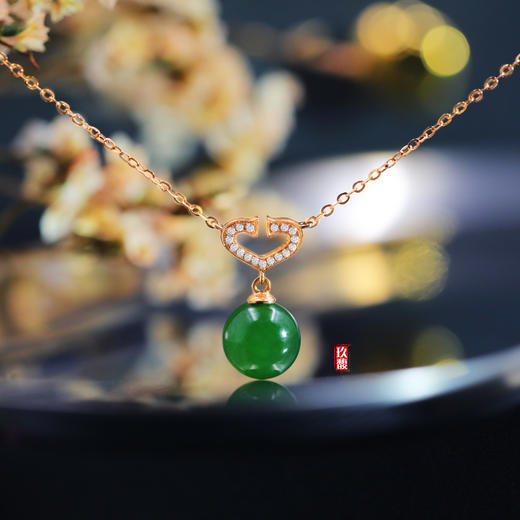 18K玫瑰金和田玉（碧玉）镶钻玉珠项链—永恒之心     /菠菜绿/9mm/链长41+4mm 商品图0