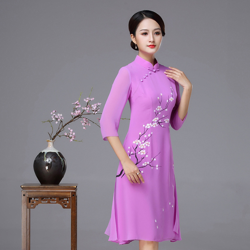 cy 19028改良旗袍民族风梅花奥黛中长雪纺连衣裙【优】