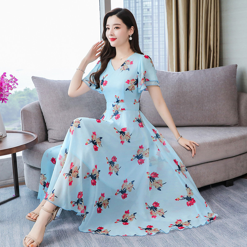 gzm-snwl9635夏季新款韩版女装修身显瘦气质淑女中长款印花雪纺连衣裙