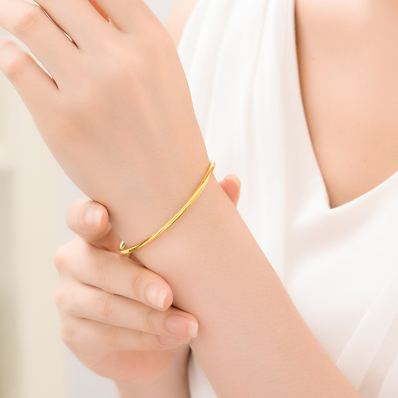 中国黄金时尚简约黄金手链女士款3d硬金螺旋开口款足金手环 hzxa109g