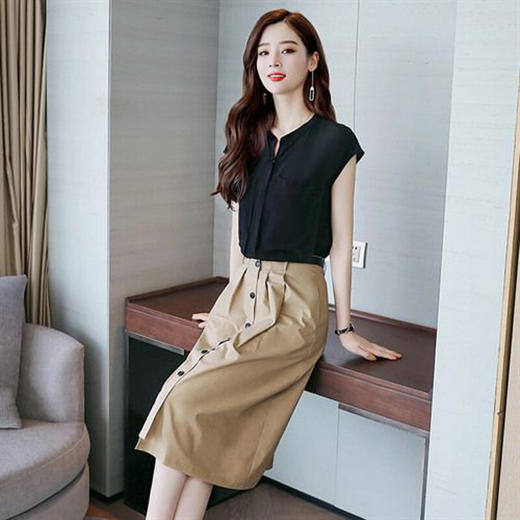 时尚洋气夏装套装两件套女气质2019夏季新款收腰显瘦很仙的连衣裙6681