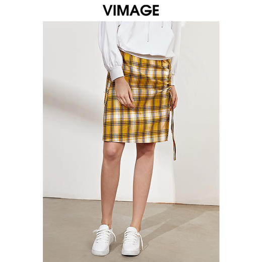 VIMAGE纬漫纪品牌女装春季时尚格子高腰百搭半身裙中裙V1106703 商品图1