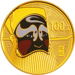 中国京剧脸谱彩色金银纪念币(第1组)1/4盎司彩色圆形金质纪念币背面图案