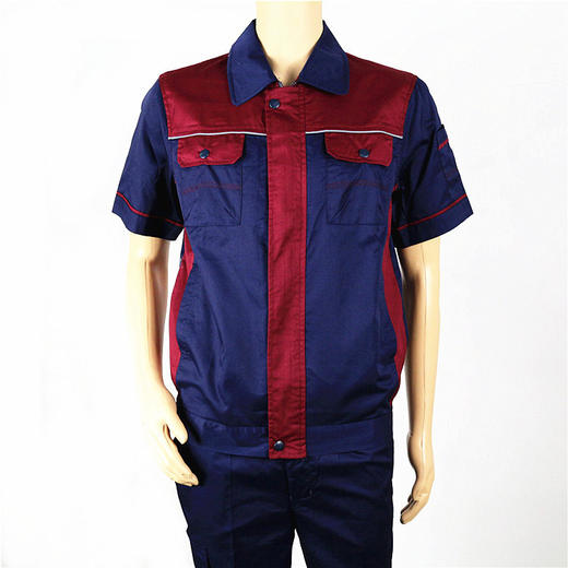 订货【头号标兵 JKS13款】藏蓝拼枣红全工艺CVC斜纹涤棉工作服套装-夏装 商品图3