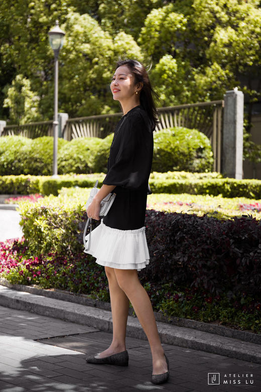 AtelierMissLu / Jeanne-黑色真丝系带百褶拼接连身裙 商品图7