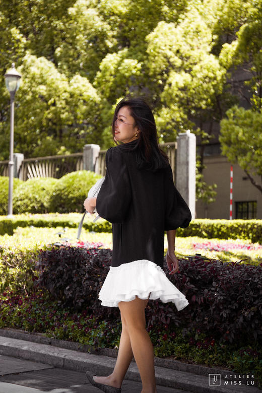 AtelierMissLu / Jeanne-黑色真丝系带百褶拼接连身裙 商品图3