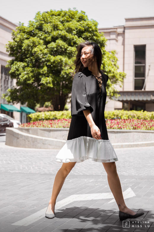 AtelierMissLu / Jeanne-黑色真丝系带百褶拼接连身裙 商品图2