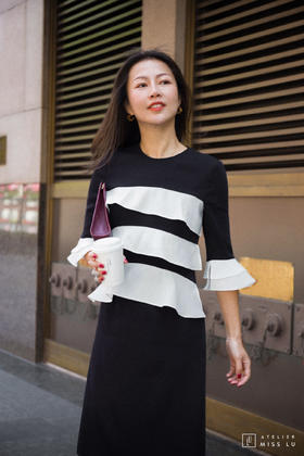 AtelierMissLu / Liz-藏青拼色荷叶边装饰连身裙