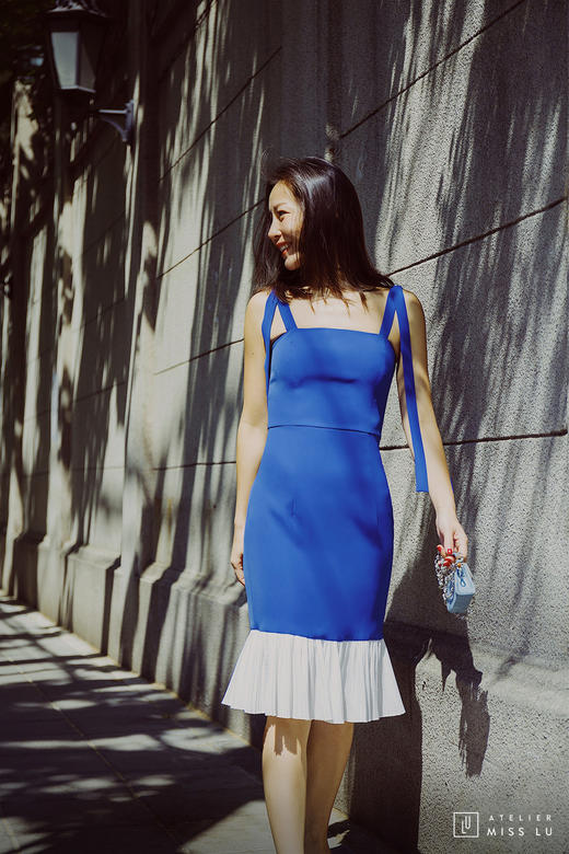 AtelierMissLu / Laure-皇家蓝珍珠飘带百褶拼接连身裙 商品图0
