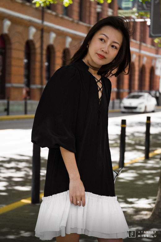 AtelierMissLu / Jeanne-黑色真丝系带百褶拼接连身裙 商品图4