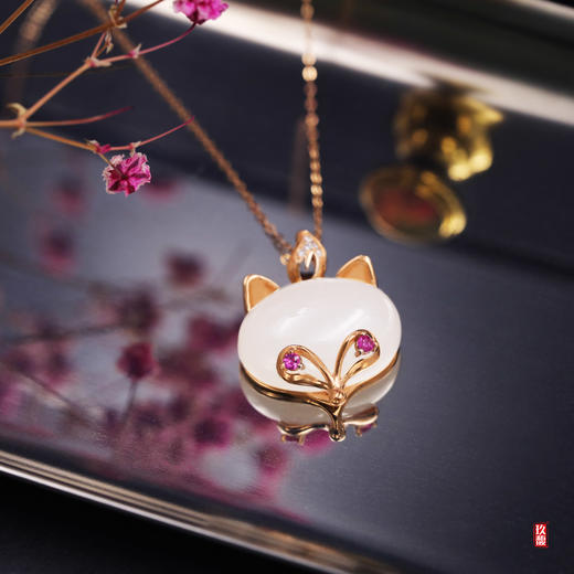 18k玫瑰金和田玉（白玉）镶钻吊坠-金狐系列 商品图0