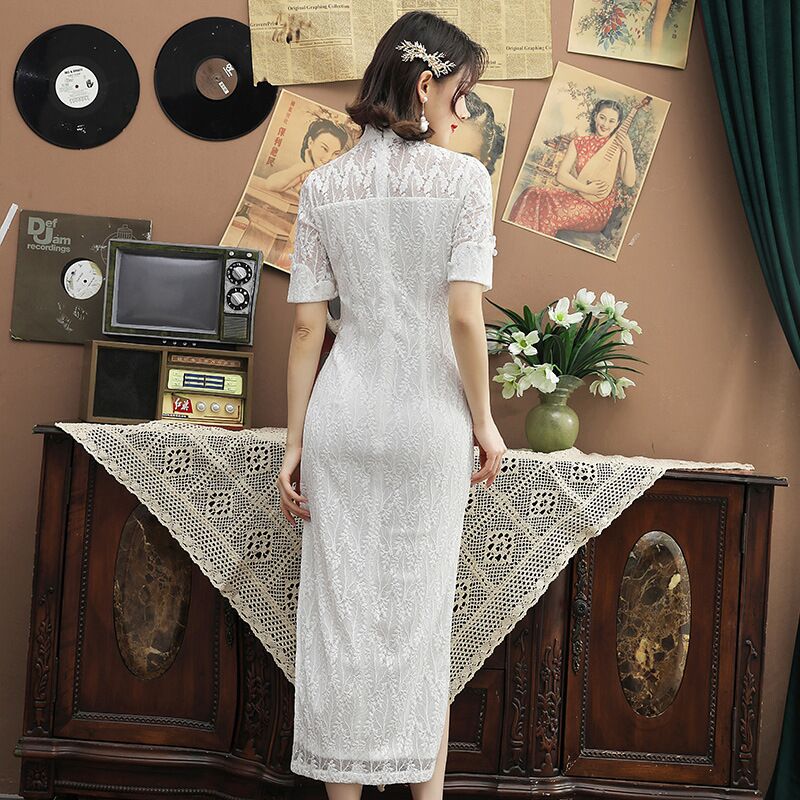 2019新款修身蕾丝旗袍连衣裙 白色礼服