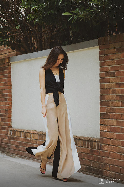 AtelierMissLu / Amira-三色拼接开衩阔腿裤 商品图1