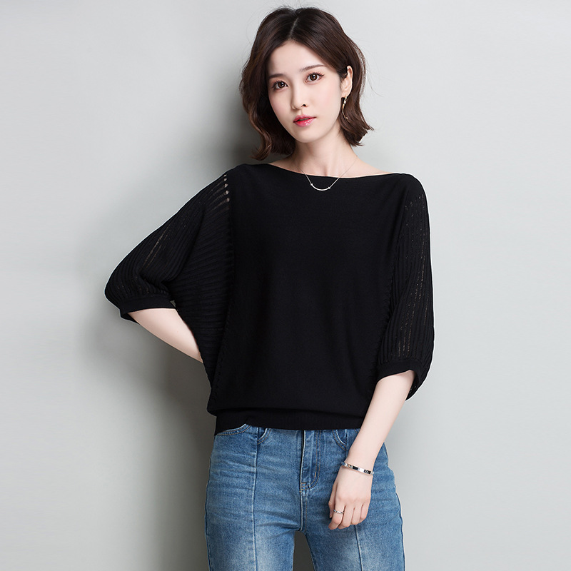 蝙蝠袖冰麻中袖t恤女2019夏季新款女装韩版圆领百搭打底针织衫女