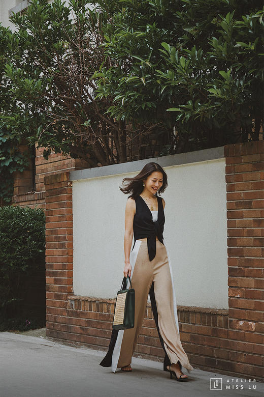 AtelierMissLu / Amira-三色拼接开衩阔腿裤 商品图7