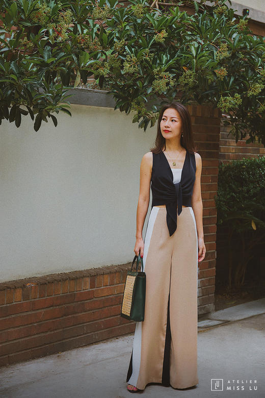AtelierMissLu / Amira-三色拼接开衩阔腿裤 商品图6