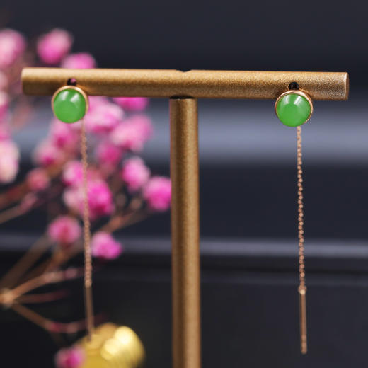 18K玫瑰金和田玉（碧玉）耳线 --半珠6*6mm/总长50mm/苹果绿 商品图1