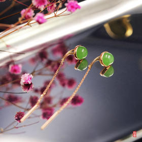 18K玫瑰金和田玉（碧玉）耳线 --半珠6*6mm/总长50mm/苹果绿