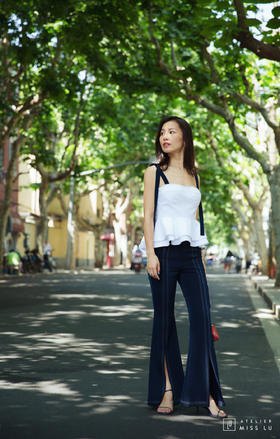 AtelierMissLu / Ann-藏青前开衩鱼尾裤