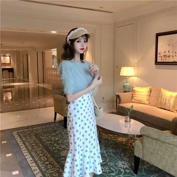 实拍网红套装裙洋气夏季气质流苏短袖上衣波点鱼尾裙两件套