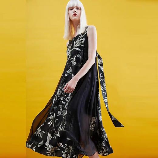 黑橄榄枝印花雪纺大摆长连衣裙 商品图2