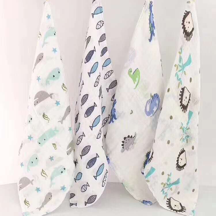 竹纤维双面四层纱布印花方巾3条装