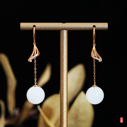 18K玫瑰金和田玉（白玉）镶钻耳饰--凤凰于飞  圆珠12mm 商品图0