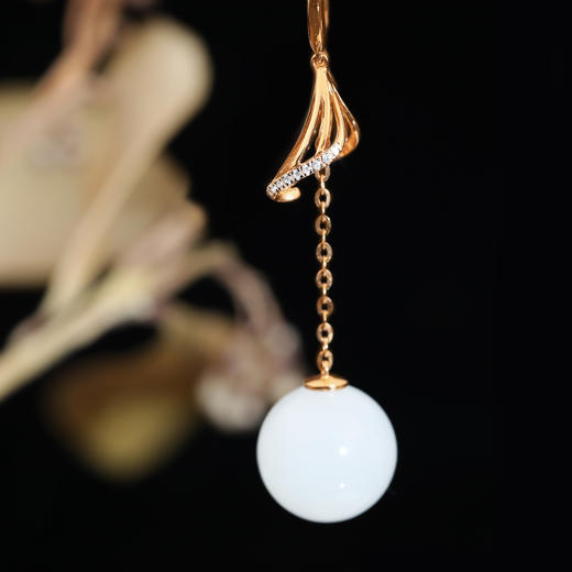 18K玫瑰金和田玉（白玉）镶钻耳饰--凤凰于飞  圆珠12mm 商品图1