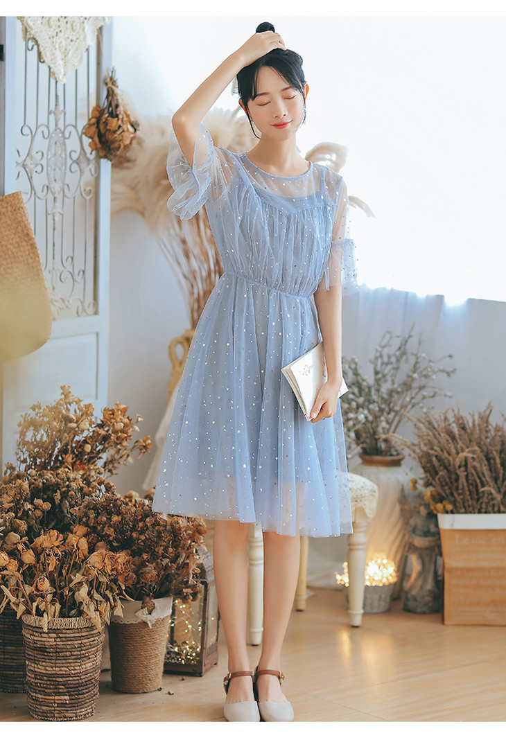 连衣裙仙女超仙 甜美夏新两件套星星网纱拼接吊带小清新短袖裙