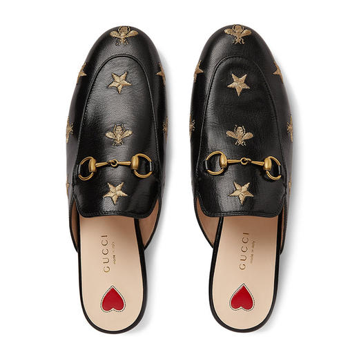gucci 古驰 女士金色星星蜜蜂刺绣黑色皮革拖鞋 505268-d3v00-1000