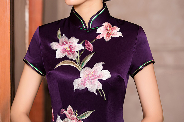 ry 10089高贵重磅真丝手推绣双层重磅刺绣长旗袍