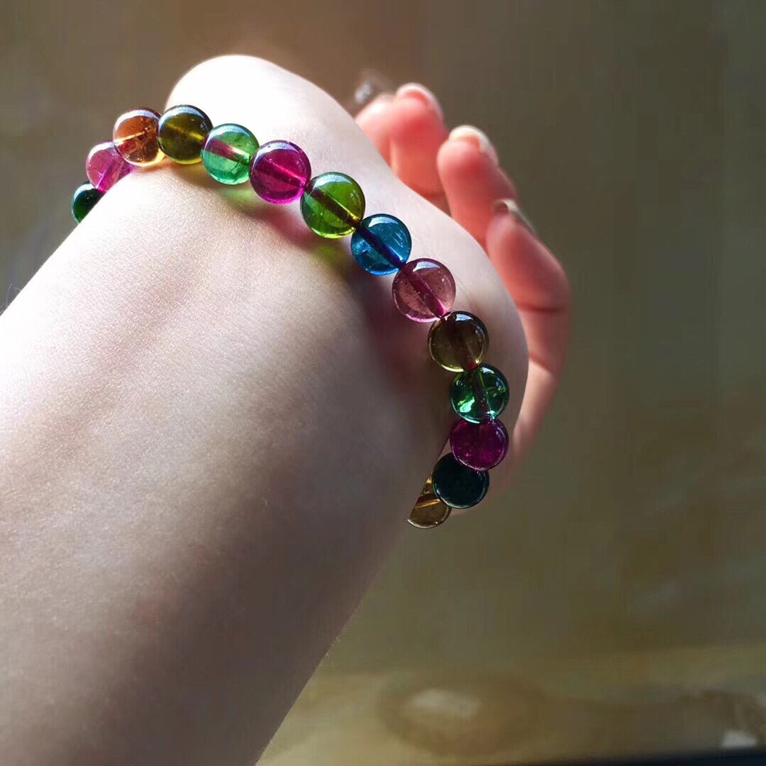 8g 7.5mm巴西明艳玻璃体七彩全彩艳美通透碧玺手链