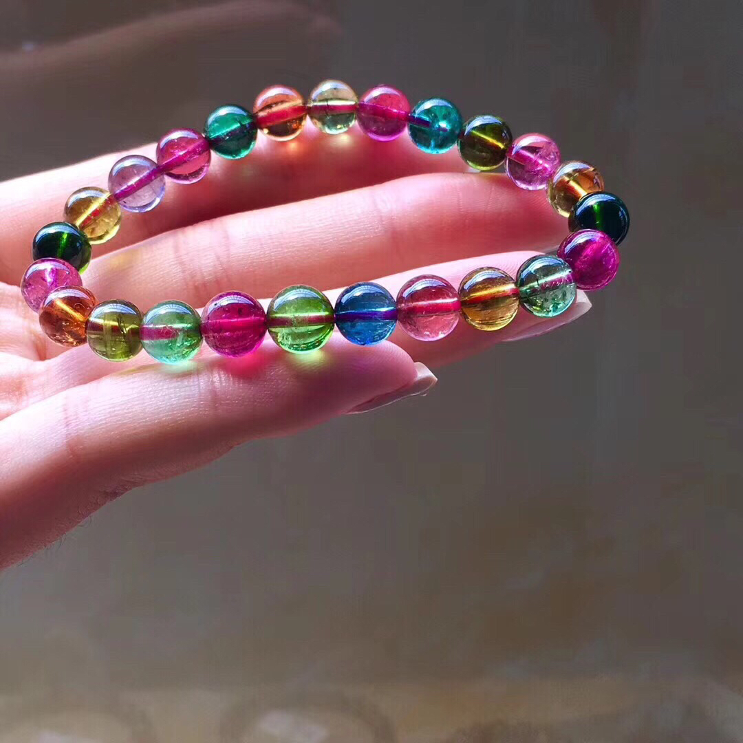 8g 7.5mm巴西明艳玻璃体七彩全彩艳美通透碧玺手链