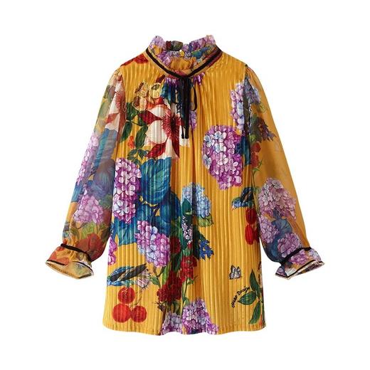 黄色印花复古丝绒雪纺连衣裙 商品图4