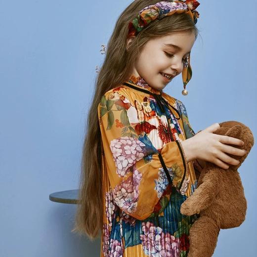 黄色印花复古丝绒雪纺连衣裙 商品图3