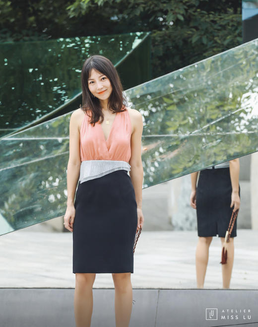 AtelierMissLu / Eva-西柚桔拼色装饰连身裙 商品图2