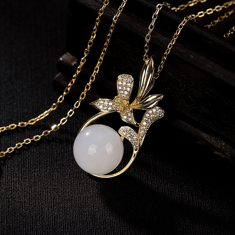 yly新款s925纯银和田玉镀金兰花吊坠tzf