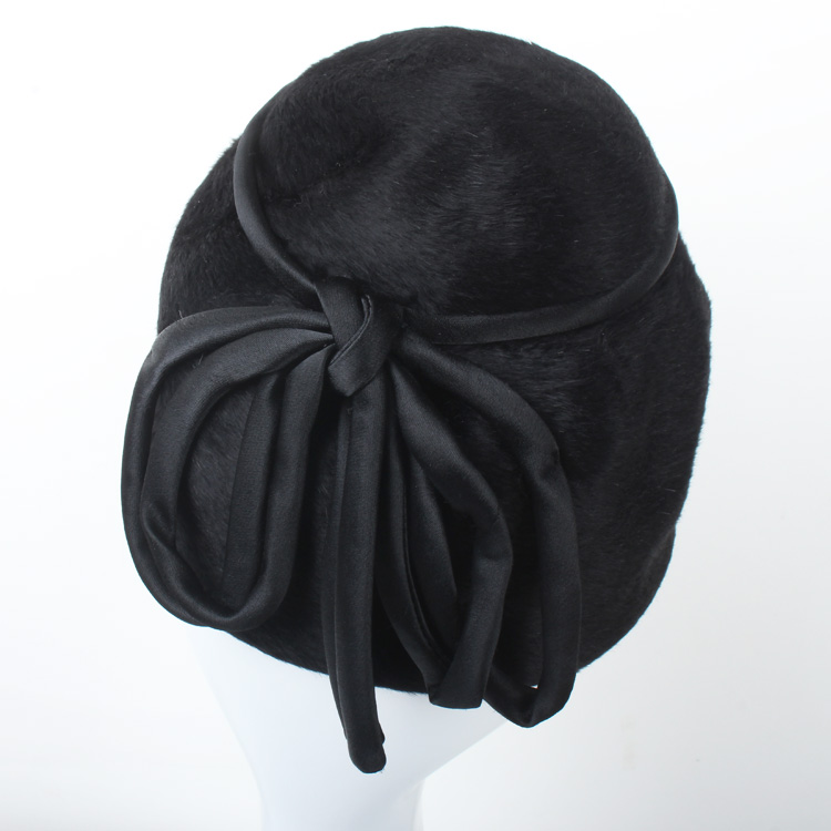 1960s孤.小高顶帽.黑色丝绒.丝绸飘带.意大利制.