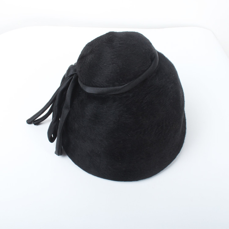 1960s孤.小高顶帽.黑色丝绒.丝绸飘带.意大利制.