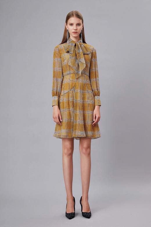 黄色复古格纹蝴蝶结修身连衣裙 商品图0