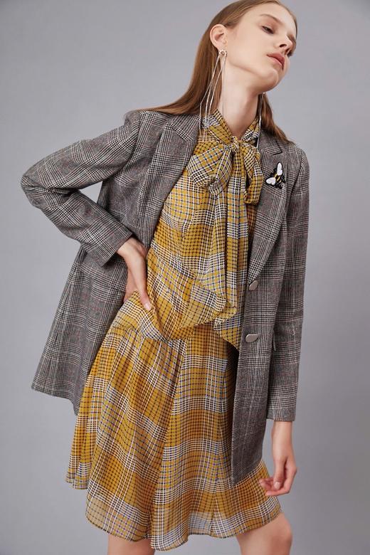 黄色复古格纹蝴蝶结修身连衣裙 商品图1